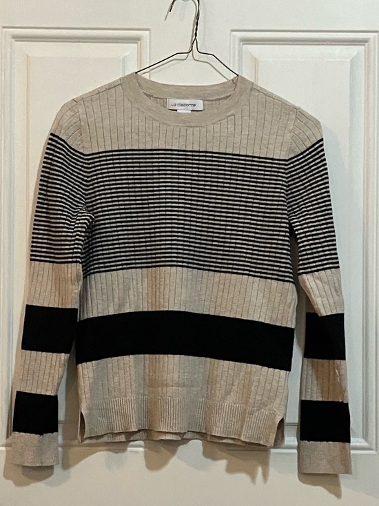 Sweaters - Liz Claiborne Oatmeal Heather/Black Striped Crew Neck Pullover Sweater SP